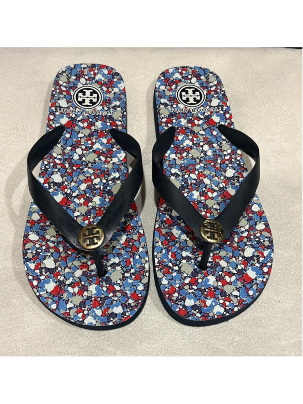 Women's Tory Burch Sandals Size 8 Blue Red Floral Flip Flops